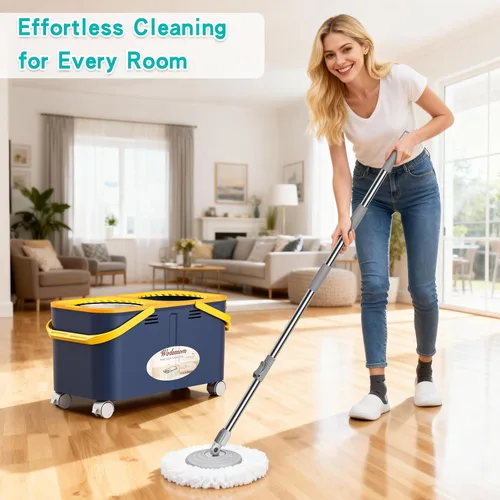 Miniatura 7 de Trapeador giratorio compacto y cubo con sistema de agua limpia y sucia, mopa de piso con ruedas giratorias de 360°, mango de 61 pulgadas, 6
