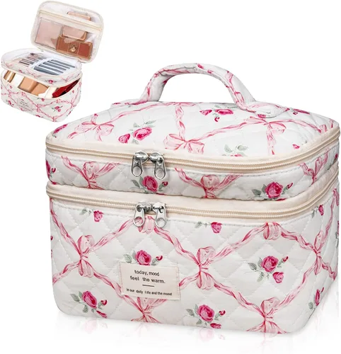 Miniatura 27 de Gosect Bolsa de maquillaje grande, bonita bolsa de cosméticos para mujeres y niñas, bolsa de aseo estética de coqueta floral, bolsa organizadora