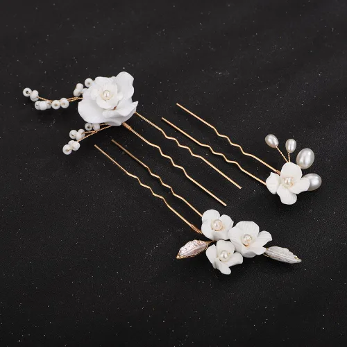 Miniatura 2 de Teyglen 3 horquillas para el pelo de boda, horquillas de flores para novia, flores y hojas, pinzas para el cabello de perlas para novia, accesorios