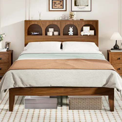 Lxsxlome Base de cama matrimonial con cabecera ondulada, cabecera de almacenamiento con 4 compartimentos de almacenamiento arqueados, marco de cama
