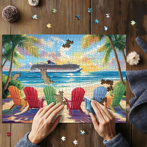 Miniatura 5 de PICKFORU Rompecabezas de playa para adultos de 1000 piezas, rompecabezas de verano con silla lounge de playa arcoíris, rompecabezas colorido