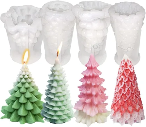 Kit de 4 moldes de silicona para árbol de Navidad, moldes de resina y cera para velas de jabón