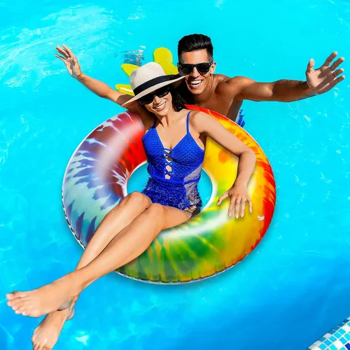Miniatura 5 de Simgoing Flotadores inflables gigantes para piscina, flotadores de tubo de teñido anudado de 47.24 pulgadas, flotadores grandes y coloridos