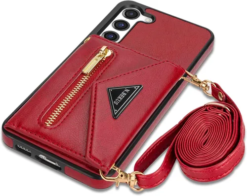 Miniatura 15 de Funda de cuero con tapa para Samsung Galaxy S23 5G, funda cruzada con soporte para tarjeta de crédito y correa con cordón de 6.1 pulgadas, para Negro