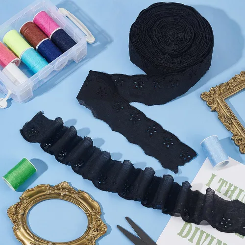 Miniatura 4 de FINGERINSPIRE Cinta de encaje de algodón de 15 yardas, 1-5/8 pulgadas, color negro, con ojales, bordado floral, ribete de encaje, borde ondulado