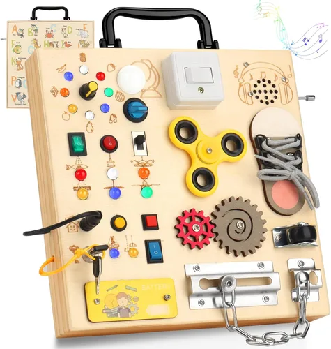 Tabla Ocupada de Madera con Luz LED – Juguetes de Aprendizaje Montessori para Bebés de 1 a 4 años, Tabla de Actividades Sensoriales, Juguetes de