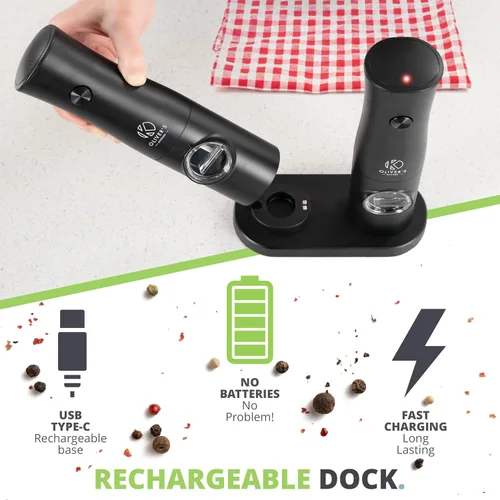 Miniatura 3 de Oliver's Kitchen ® Molinillos eléctricos de sal y pimienta, no requiere baterías con base USB-C recargable, fácil operación con 1 toque, grosor Negro