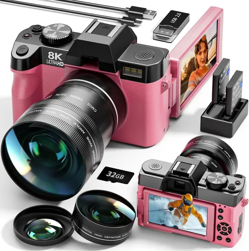 Miniatura 9 de Cámaras digitales de 5K y 64MP para fotografía y video, cámara de vlogging para YouTube, cámara compacta con tarjeta TF de 32 GB, WiFi y lente gran