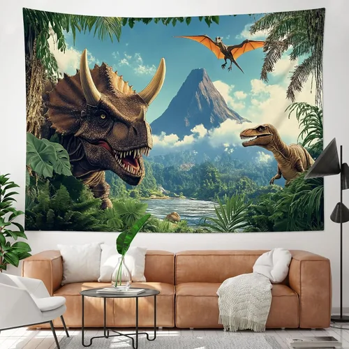 Miniatura 7 de HVEST Tapiz de dinosaurio salvaje y antiguo depredador para colgar en la pared, bosque tropical con árboles verdes y montañas, tapices de pared