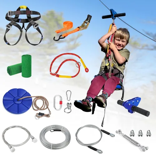CTSC Tirolesa para niños y adultos, kits de tirolesa para patio trasero con freno de resorte de acero inoxidable, kit de tensión de cables, arnés de