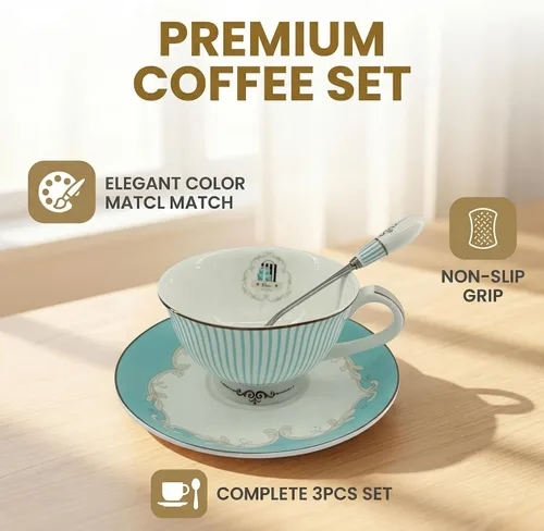 Miniatura 5 de Juego de taza de té y taza de café vintage Royal Bone China con platillo y cuchara, elegante taza de té de cerámica a rayas para té de la tarde