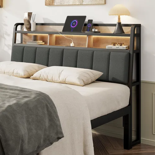 Cabecera tamaño Queen solo con almacenamiento, cabeceros tapizados para cama tamaño Queen con luz LED, estación de carga, altura ajustable, cabecera