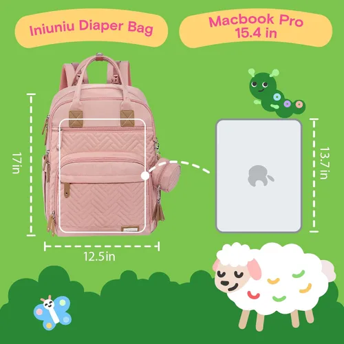 Miniatura 6 de iniuniu Mochila para pañales, kit 4 en 1, bolsas de bebé unisex grandes para niños y niñas, mochila de viaje impermeable con bolsa para pañales Rosa