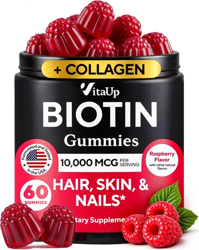 VitaUp Gomitas de Biotina 10000mcg para Mujeres y Hombres - Gomitas Extra Fuertes para Cabello, Piel y Uñas con Colágeno - Suplemento Natural de