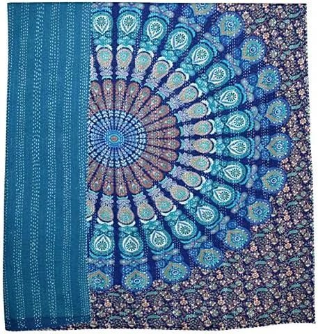 Miniatura 3 de YUVANCRAFTS Colcha vintage india Kantha con estampado tradicional de mandala Kantha, manta de edredón (azul y verde, tamaño individual)