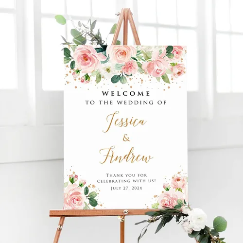 Miniatura 21 de Cartel de bienvenida de boda floral azul claro personalizado, cena de ensayo para parejas, ducha, aniversario, fiesta, póster de bienvenida, lienzo