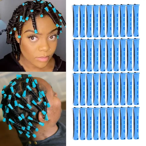 40 piezas de varillas para permanente para cabello natural, varillas de plástico azul para ondas frías, rodillos para rizar el cabello con peine de