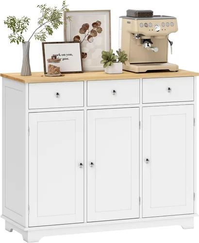 HOMCOM Aparador de buffet con encimera de madera maciza, gabinete de almacenamiento de cocina moderno, gabinete de barra de café con 3 cajones,