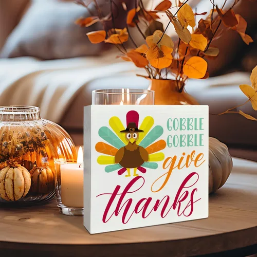 Miniatura 3 de Decoración de mesa de madera de Acción de Gracias, decoración de mesa de otoño con texto en inglés "Gobble Give Thanks", decoración de mesa de otoño