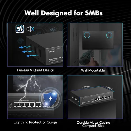 Miniatura 5 de Conmutador PoE Gigabit de 6 puertos, 4 POE+, 1 enlace ascendente, 1 SFP, IEEE802.3af/at, máx. 65W, VLAN y PoE Extend 820.2 ft, conmutador Ethernet