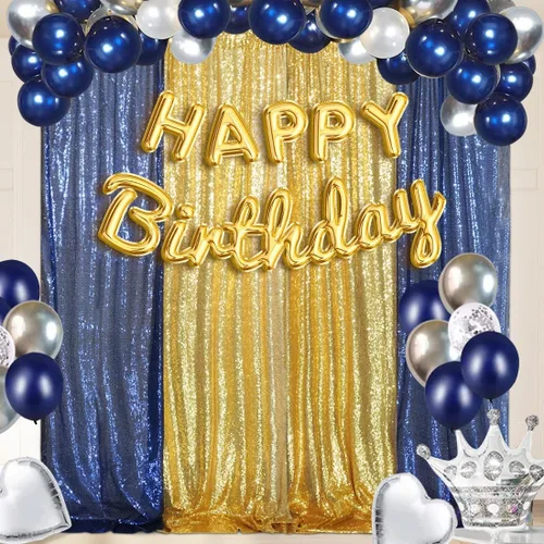 Miniatura 5 de 4 paneles de cortina de lentejuelas doradas y azules de 2 x 8 pies, cortinas de fondo de lentejuelas con purpurina para decoración de fiestas