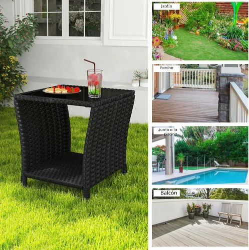 Miniatura 4 de kinbor Mesa pequeña para exteriores – Mesa auxiliar de mimbre para exteriores con estante de almacenamiento para patio, balcón y porche, ratán