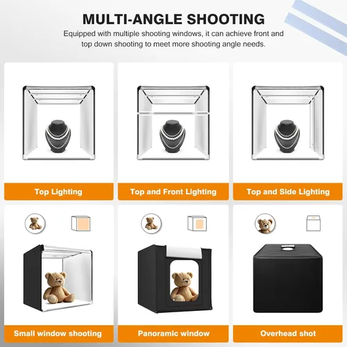 Miniatura 6 de Caja de luz para estudio fotográfico de 32"x32" con 100 LED y 6 fondos de colores, caja de fotos con luces, caja de imagen plegable para fotografía