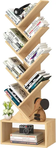 Miniatura 12 de SHEEPAM - Estantería pequeña con cajón, estantería de 4 niveles en forma de árbol en color negro, estantería de escritorio de madera, estanterías