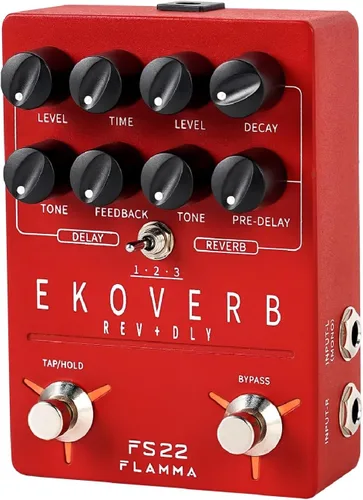 FLAMMA FS22 - Pedal de efectos combo de delay y reverberación estéreo para guitarra ambiental con 3 pares de efectos combo, delay inverso, Combo de