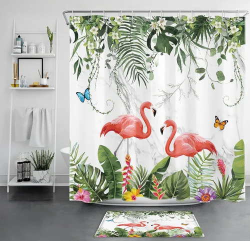 Miniatura 8 de EOBTAIN Cortina de ducha de hojas de plantas tropicales para baño, flamenco rosa y mariposa azul con hojas de palma en beige, cortina de ducha con 8