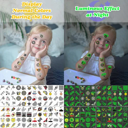 Miniatura 7 de 96 piezas de tatuajes temporales luminosos precortados con bandera a cuadros que brillan en la oscuridad para niños Recuerdos de fiesta