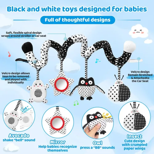 Miniatura 2 de Juguetes para bebés de alto contraste, juguetes colgantes en blanco y negro para asiento de automóvil, cochecito y cuna, esenciales para recién Búho