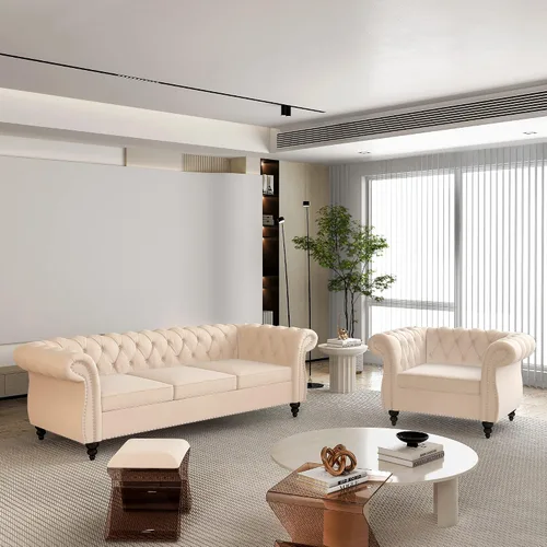 Miniatura 22 de QHITTY Juego de 2 piezas para sala de estar, Sofá Seccional Chesterfield Silla Contemporáneo Tapizado de Terciopelo Loveseat Juego de Sofás