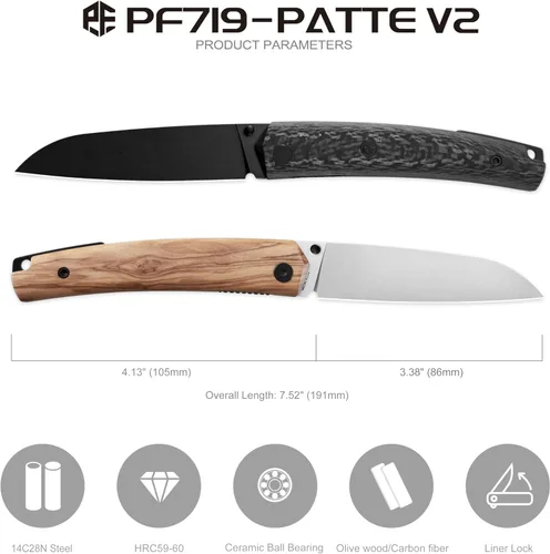 Miniatura 4 de Petrified fish PF719 - Cuchillo plegable, hoja de acero negro lavado a la piedra 14C28N de 3.38 pulgadas, mango de fibra de carbono, con bloqueo