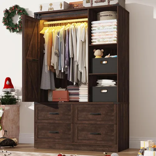 Armario rústico de 3 puertas con puerta corrediza plegable de granero y luces, armario LED con cajones para dormitorio, armario de madera Marrón