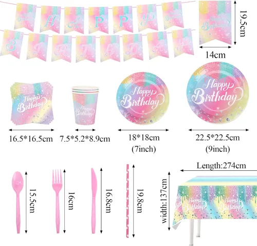 Miniatura 2 de Juegos de Platos y Servilletas de Cumpleaños Arcoíris, Suministros para Fiestas de Cumpleaños Rosa, Platos de Diamante con Purpurina