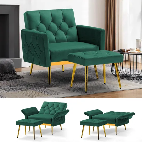 Miniatura 17 de Silla decorativa de terciopelo con reposabrazos y respaldos ajustables, sofá individual copetudo con otomana, silla de lectura tapizada para sala