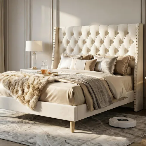 Miniatura 10 de Base de cama matrimonial con cabecera de almacenamiento con respaldo alado de 51.8 pulgadas, plataforma tapizada gris con estación de carga (tipo C)