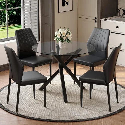 Miniatura 12 de Juego de mesa de comedor redonda para 6, juego de mesa de comedor de vidrio de 39 pulgadas con base de metal ajustable dorada en forma de X y 6