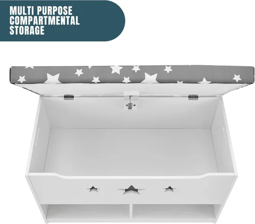 Miniatura 6 de Sturdis Caja de juguetes para niños, color gris y blanco con asiento de banco de almacenamiento de cojines, baúl de almacenamiento de juguetes