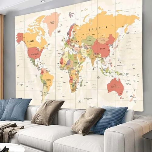 Miniatura 3 de ICTEISOM Tapiz de mapa del mundo para niños estudiantes, mapa del mundo con países y ciudades principales, tapiz de arte de pared póster tapices