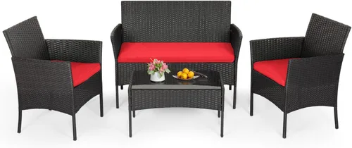 Miniatura 24 de FDW Juego de muebles de patio de 3 piezas Negro Muebles de mimbre para exteriores con mesa de café Juego de sillas de ratán moderno