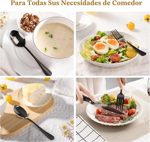 Miniatura 7 de Juego de cubiertos Astercook de 48 piezas en negro con cuchillos de carne, juego de cubiertos de acero inoxidable de grado alimenticio con acabado