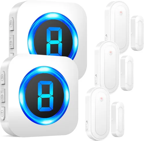 SURFOU Timbre inalámbrico con sensor de puerta, alerta de apertura de puerta impermeable con rango de 1000 pies, 55 tonos de llamada, alarma de 110