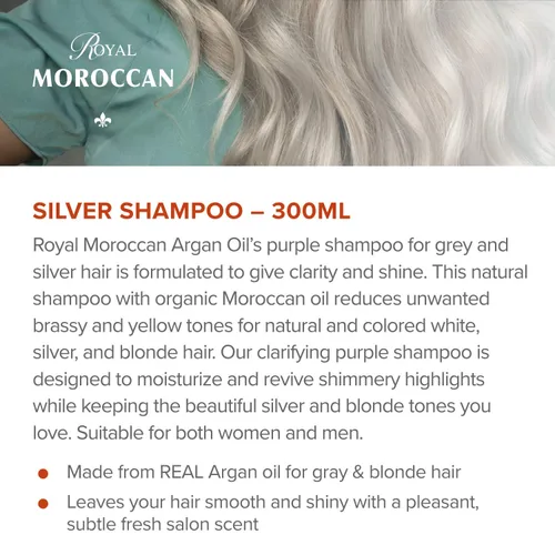 Miniatura 2 de Royal Moroccan MEJOR CHAMPÚ PLATA 10.1 fl oz /10.05 fl oz Champú morado para cabello rubio y canoso Champú con luces para cabello rubio