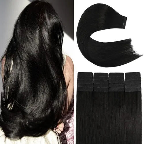 Extensiones de cabello humano Remy 100% real, color negro natural, 16 pulgadas, 20 unidades de 1.06 oz, extensiones de cabello color negro natural