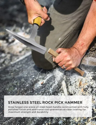 Miniatura 5 de INCLY Kit de 15 martillos de geología, martillo de 32 onzas y 3 cinceles de excavación para caza de rocas, equipo de minería y prospección de oro