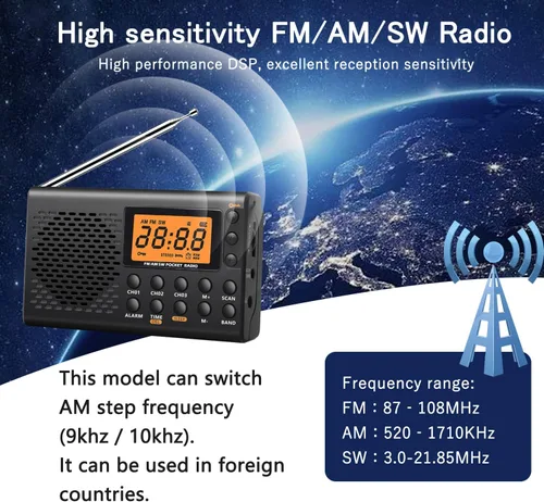 Miniatura 5 de Radio portátil AM/FM/onda corta, radios de bolsillo con pilas, pantalla digital grande, radio reloj con alarma y función de sueño, auriculares