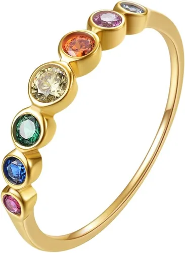 E 14K Gold Plated Ring for Women Rainbow Eternity Jewelry Rings Band Colorful Round AAA Cubic Zirconia CZ Wedding Rings Dainty Gold Rings for Women