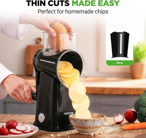 Miniatura 6 de NutriChef Rallador y triturador de queso 5 en 1 5 cuchillas diferentes para tiras finas, gruesas, de juliana, onduladas y rectas Incluye Negro